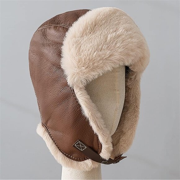 Men’s Winter Trapper Hat Leather Aviator Ushanka Bomber Cap Faux Fur Ear Flaps - Picture 4 of 9